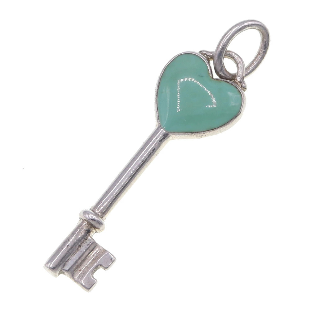 Tiffany Co Heart Key Pendant Top Sterling Silver Enamel Necklace Charm Blue